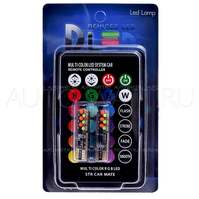 Светодиодная лампа W5W T10 – 8 COB RGB 4Вт с пультом Многоцветные (Комплект)