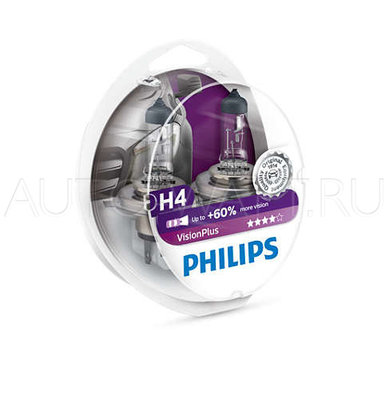 Лампа галогенная H4 - PHILIPS Vision Plus +60% 12V 60/55W 3000K Комплект