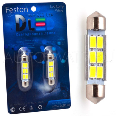 Светодиодная лампа C10W 39 мм - Max-Road 6Led + Обманка 5Вт Белая