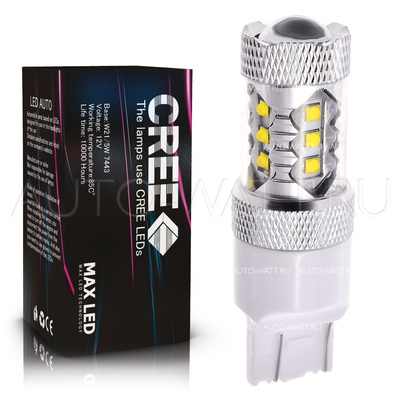 Светодиодная лампа W21/5W 7443 - 16 CREE Линза 80Вт