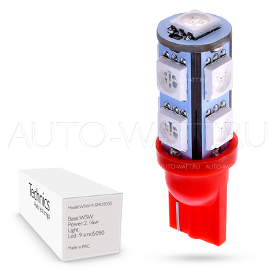 Светодиодная лампа W5W T10 – 9 SMD5050 2.16Вт Красная